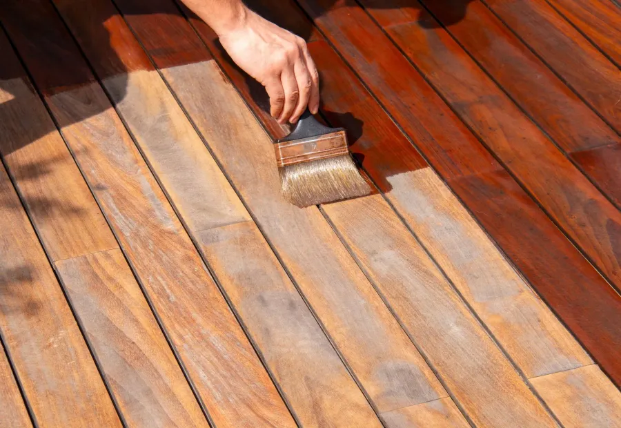 A brush staining deck boards, part of the deck already done — deck staining and sealing in New Bedford, MA