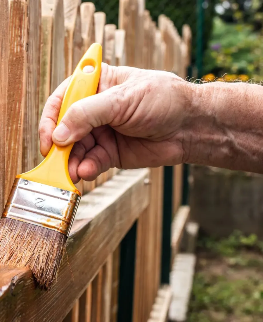 A brush applying stain to a wooden fence — staining in New Bedford, MA