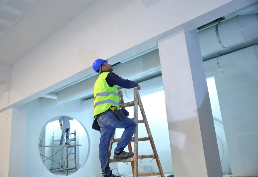 A painter on a ladder in a tall, bright white interior — interior painting in New Bedford, MA