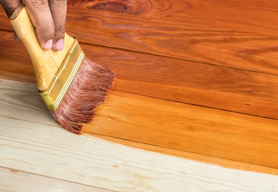 A brush applying stain to new wooden boards — flooring in New Bedford, MA